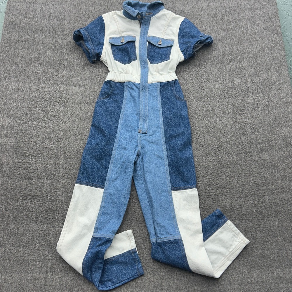 Farm Rio Cutwork Denim Jumpsuit In Denim Blue Size 23 Patchwork